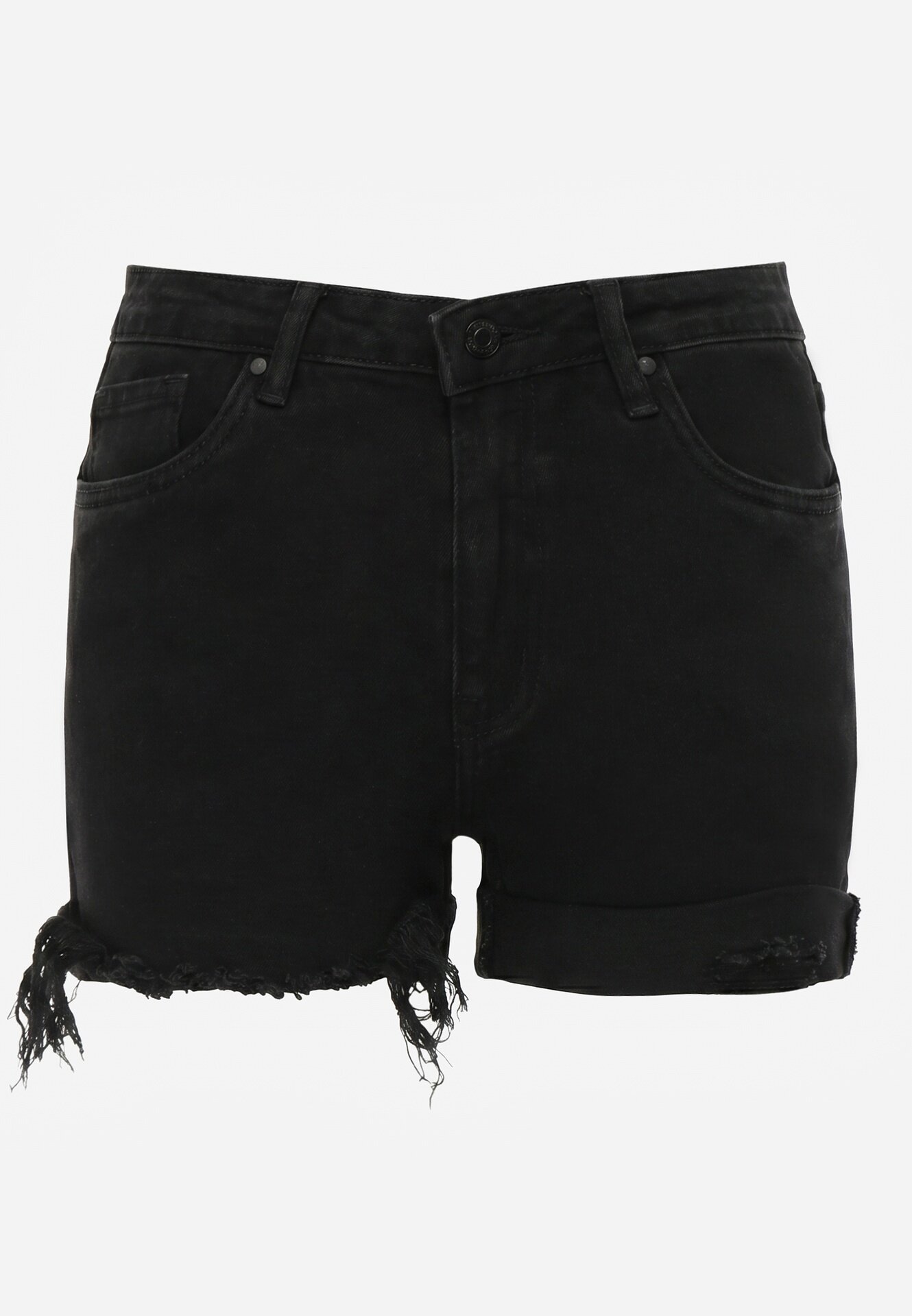r.display Pantaloni scurți negri din denim cu adaos de bumbac talie înaltă cu rupturi pe picioare Vimalen