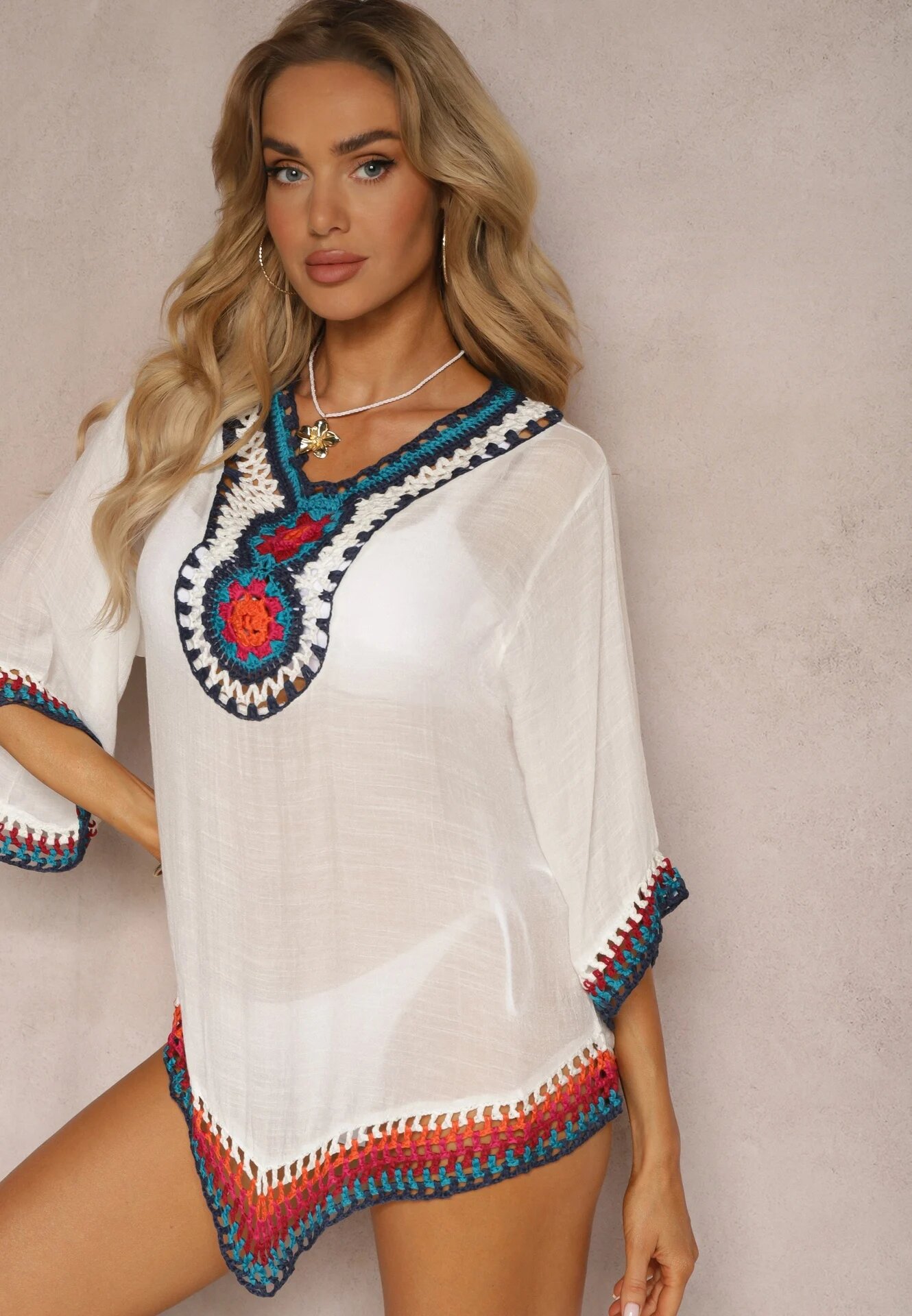 r&f fashion Bluză Albă Tip Narzută în Stil Boho cu Mânecă 3/4 Dimiara