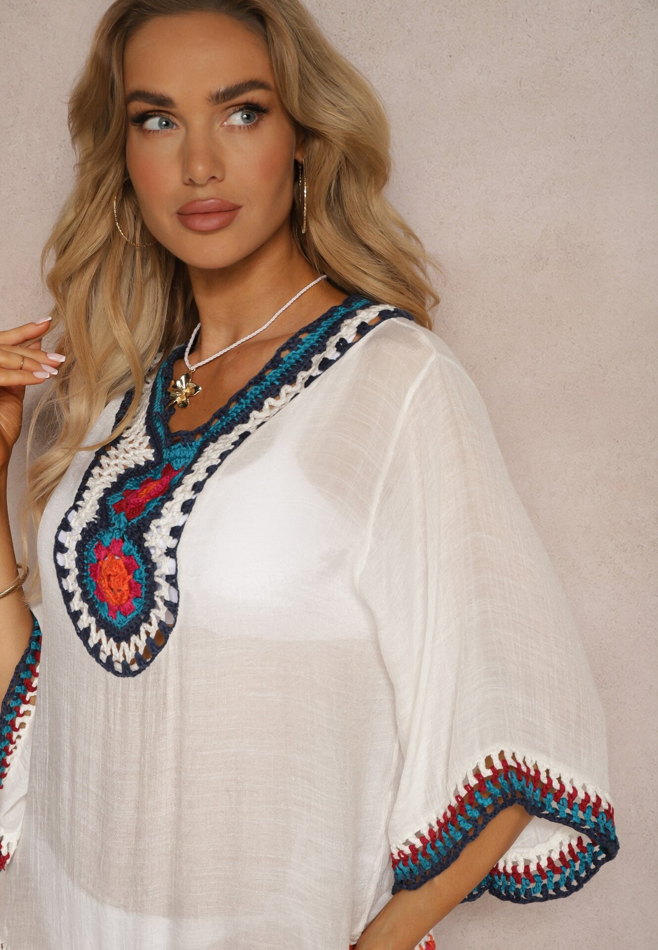 r&f fashion Bluză Albă Tip Narzută în Stil Boho cu Mânecă 3/4 Dimiara