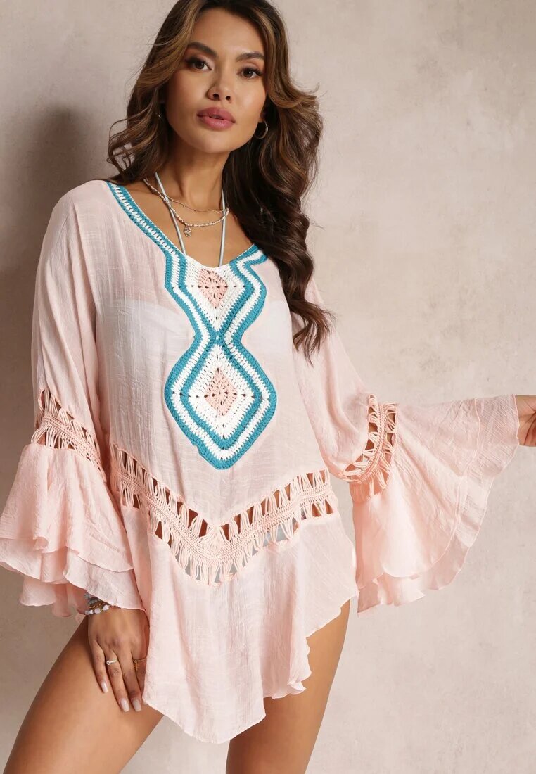 r&f fashion Cardigan Asimetric Roz deschis cu Inserții Ajurate și Volănașe Hirisa