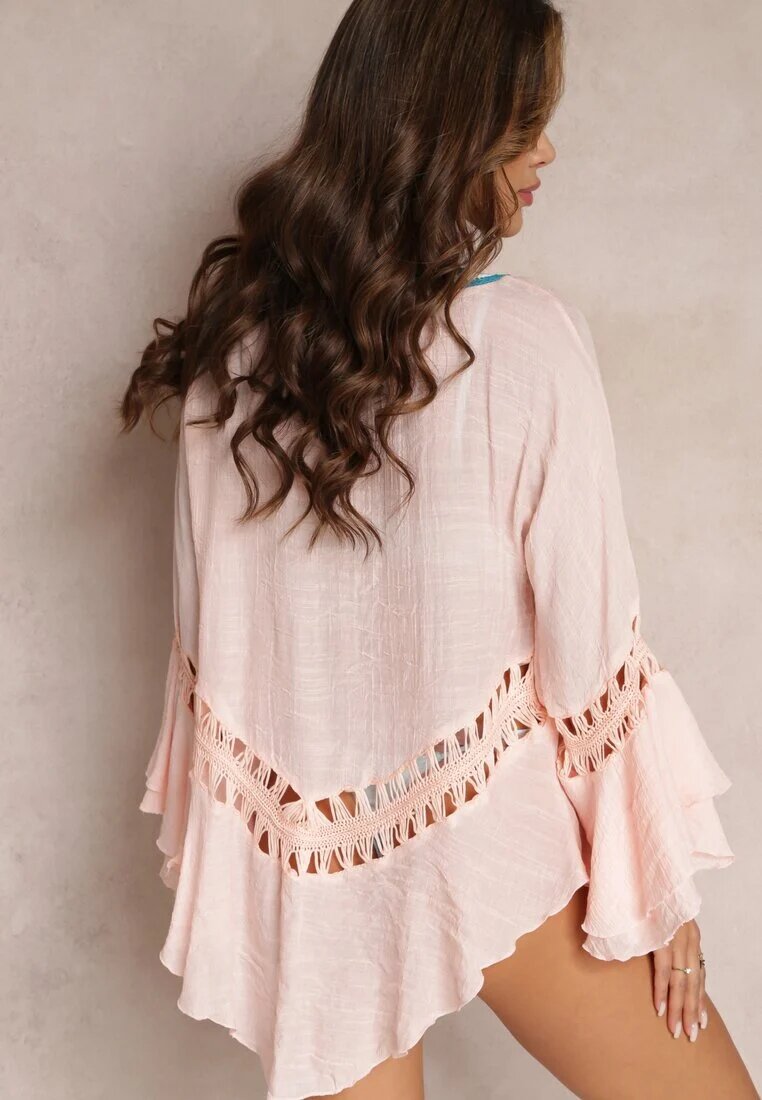 r&f fashion Cardigan Asimetric Roz deschis cu Inserții Ajurate și Volănașe Hirisa