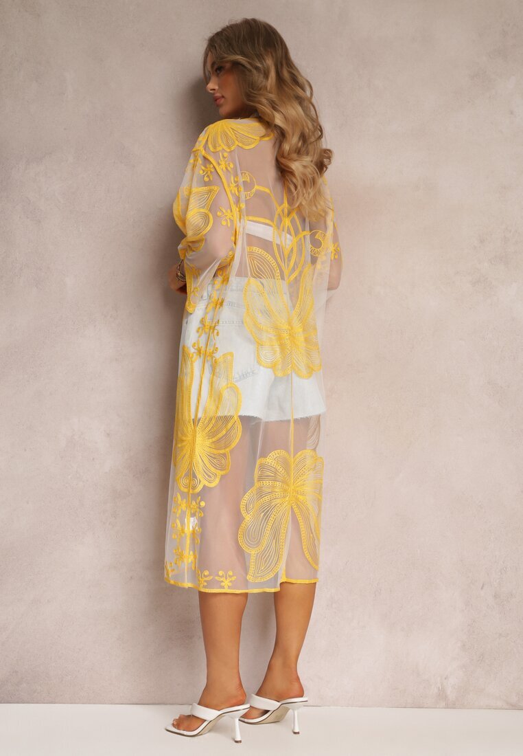 r&f fashion Kimono Galben Transparent cu Broderie și Legătură în Talie Miri