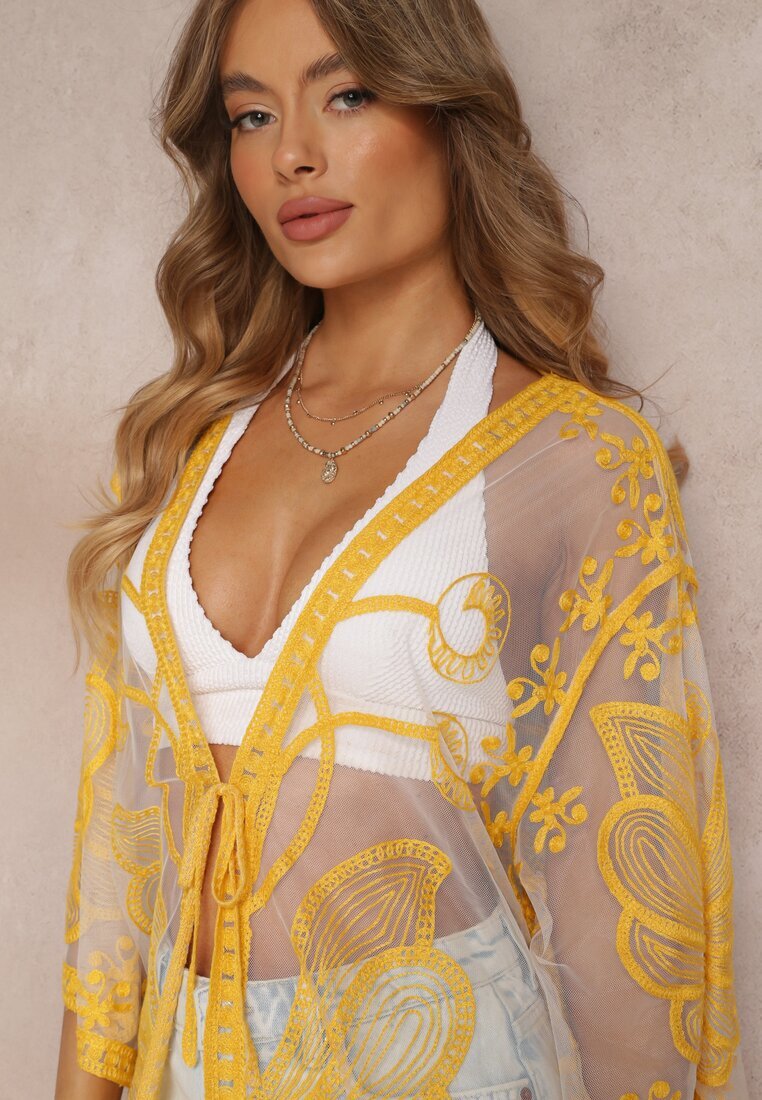 r&f fashion Kimono Galben Transparent cu Broderie și Legătură în Talie Miri