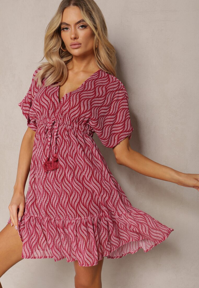r&f fashion Mini Rochie Roșie cu Volan cu Croială Tip Liliac cu Decolteu Triunghiular și Șireturi Beinnase