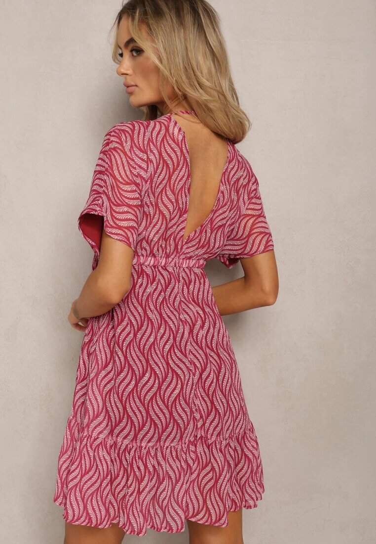 r&f fashion Mini Rochie Roșie cu Volan cu Croială Tip Liliac cu Decolteu Triunghiular și Șireturi Beinnase