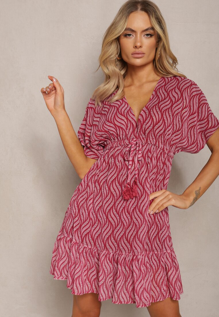 r&f fashion Mini Rochie Roșie cu Volan cu Croială Tip Liliac cu Decolteu Triunghiular și Șireturi Beinnase