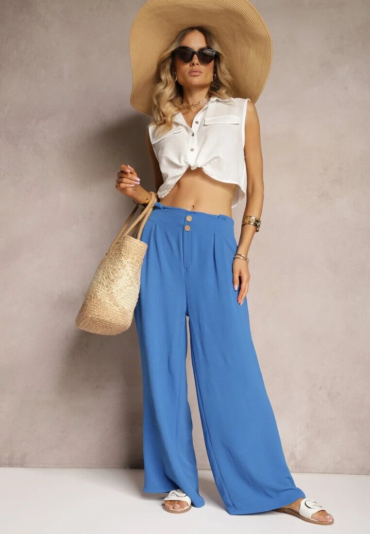 r&f fashion Pantaloni albaștri stil Aladdin cu talie înaltă finisați cu elastic în talie Riselma