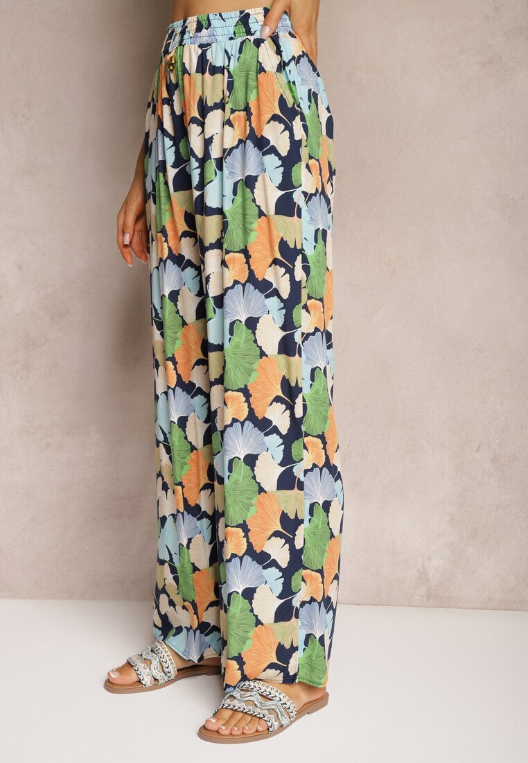 r&f fashion Pantaloni largi albastru-marin și albastru din viscoză cu talie înaltă cu flori cu elastic în talie Dennea
