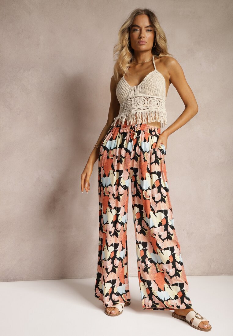 r&f fashion Pantaloni lărgi portocaliu-negru din viscoză cu talie înaltă cu flori cu elastic în talie Dennea