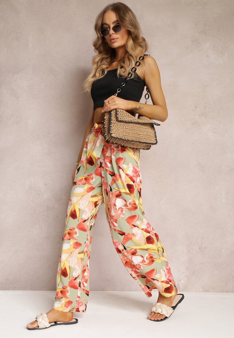 r&f fashion Pantaloni Mentă-Roșii Lari cu flori Alirria
