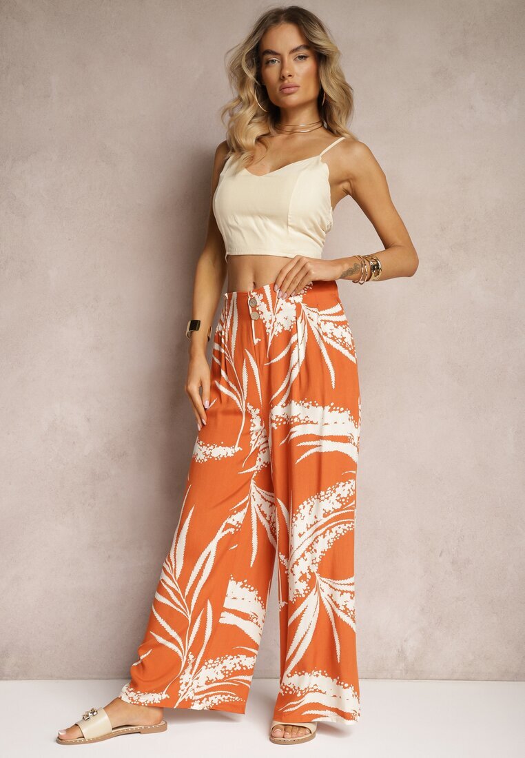 r&f fashion Pantaloni Portocalii Larghi din Viscoză High Waist stil Culottes cu Imprimeu Frunze Vimanelle