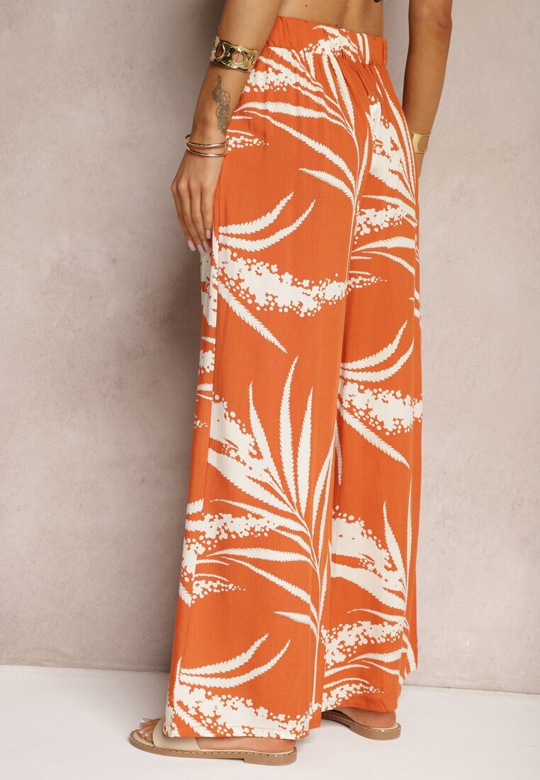 r&f fashion Pantaloni Portocalii Larghi din Viscoză High Waist stil Culottes cu Imprimeu Frunze Vimanelle
