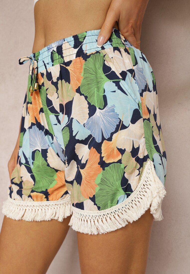 r&f fashion Pantaloni scurți Albastru-Bleumarin Floral din Viscoză Finisați cu Franjuri și Elastic în Talie Cralifea