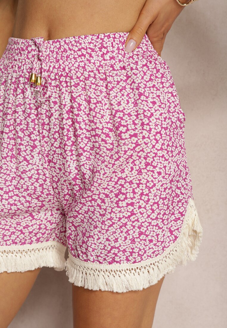 r&f fashion Pantaloni scurți Mov din viscoză cu croială largă cu imprimeu floral cu franjuri și elastic în talie Vimalani