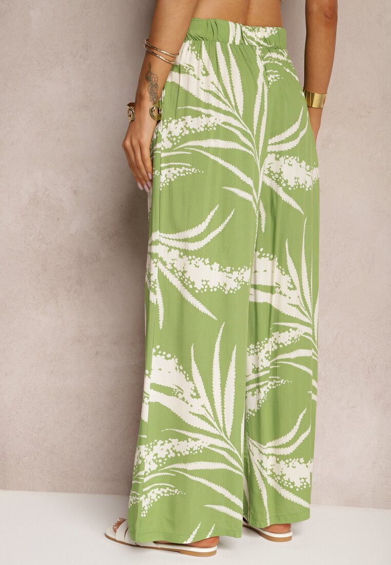 r&f fashion Pantaloni Verde deschis Largi din Viscoză Talie înaltă Croi culottes cu Imprimeu cu frunze Vimanelle