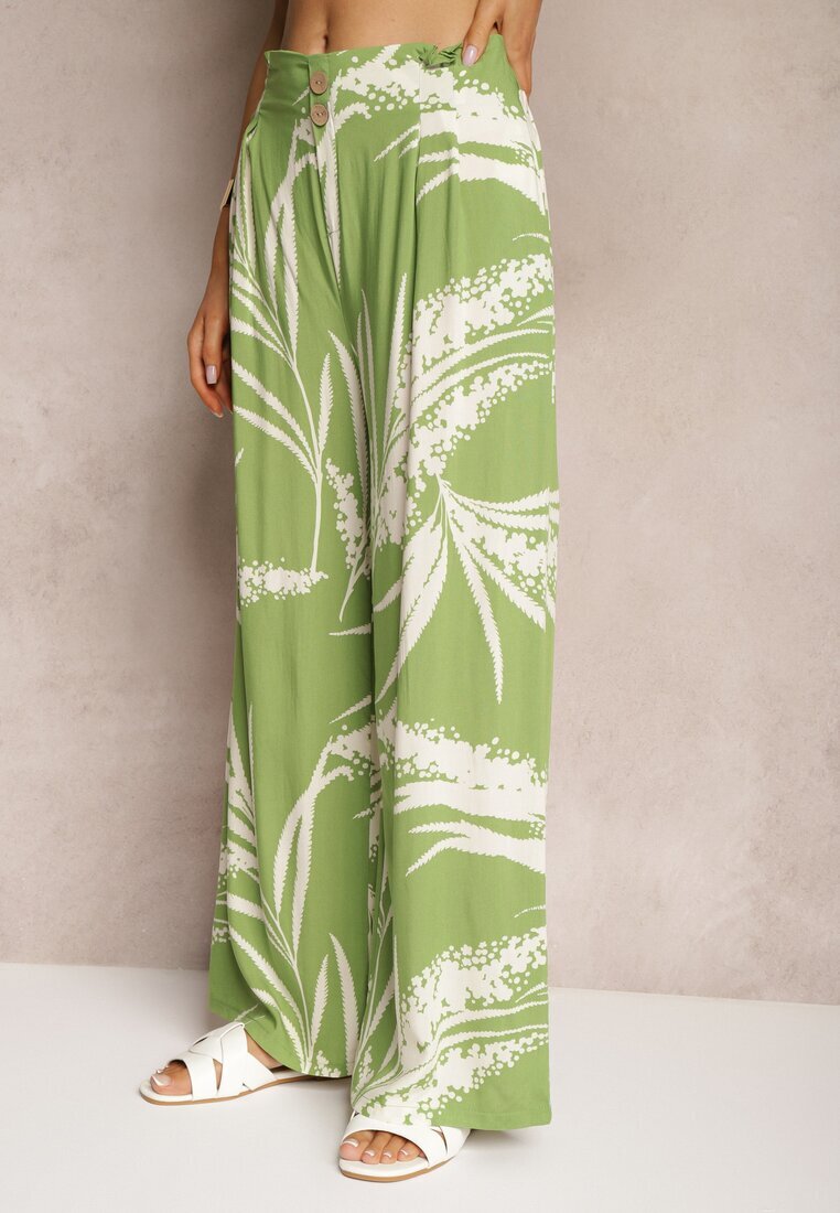 r&f fashion Pantaloni Verde deschis Largi din Viscoză Talie înaltă Croi culottes cu Imprimeu cu frunze Vimanelle