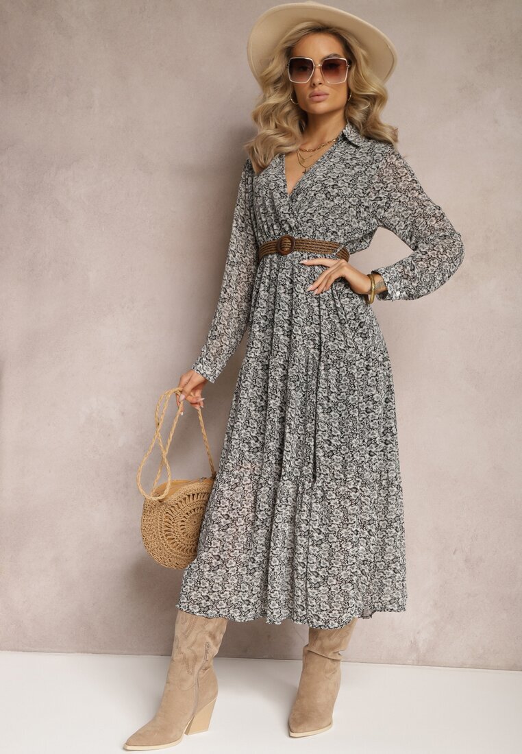 r&f fashion Rochie Alb-Negru Cloș cu flori cu curea Rakhila
