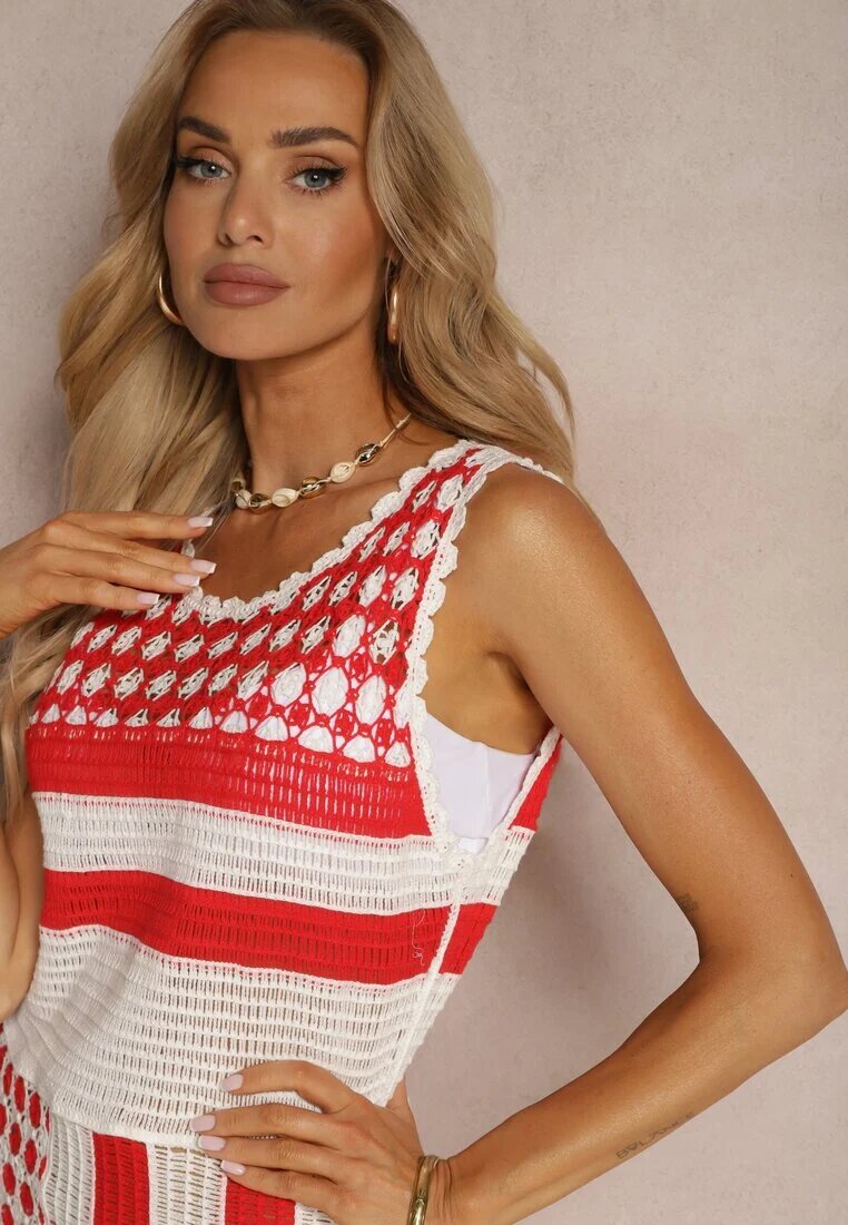 r&f fashion Rochie Albă-Roșie Ajurată din Bumbac fără Mâneci Cophalia