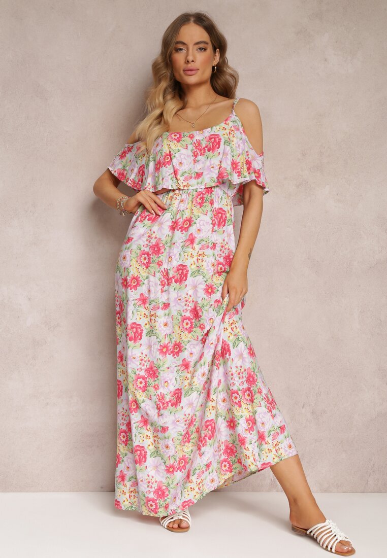 r&f fashion Rochie Albă-Roșie Maxi din bumbac cu flori cu volan Saranna