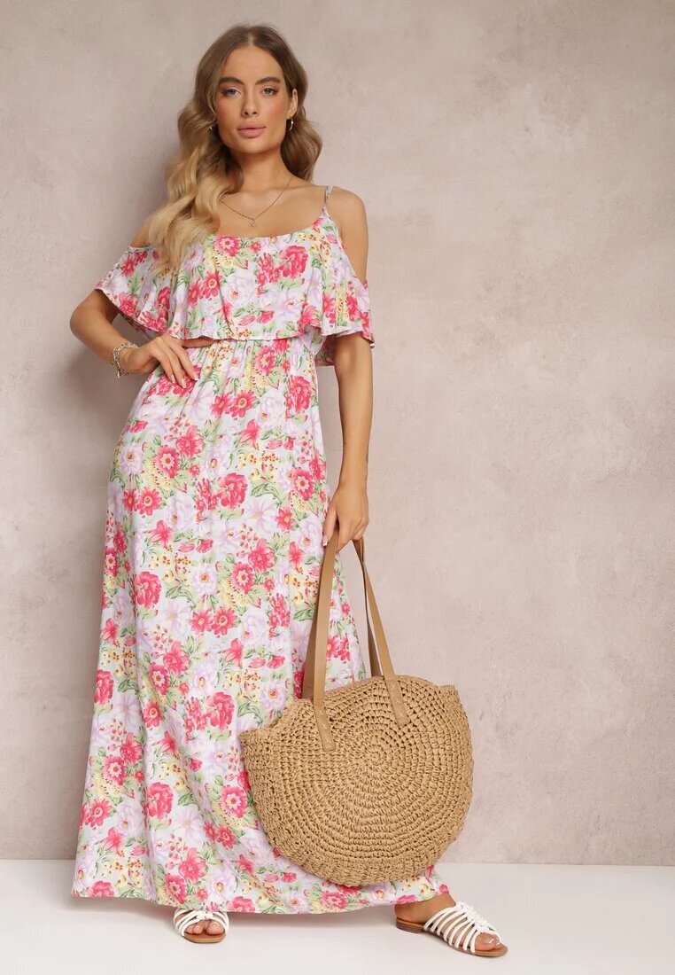 r&f fashion Rochie Albă-Roșie Maxi din bumbac cu flori cu volan Saranna