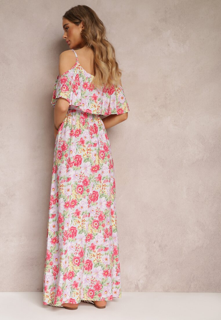 r&f fashion Rochie Albă-Roșie Maxi din bumbac cu flori cu volan Saranna
