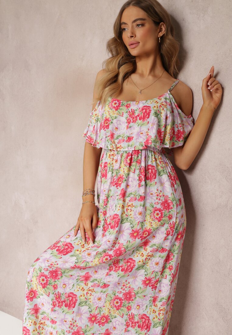 r&f fashion Rochie Albă-Roșie Maxi din bumbac cu flori cu volan Saranna