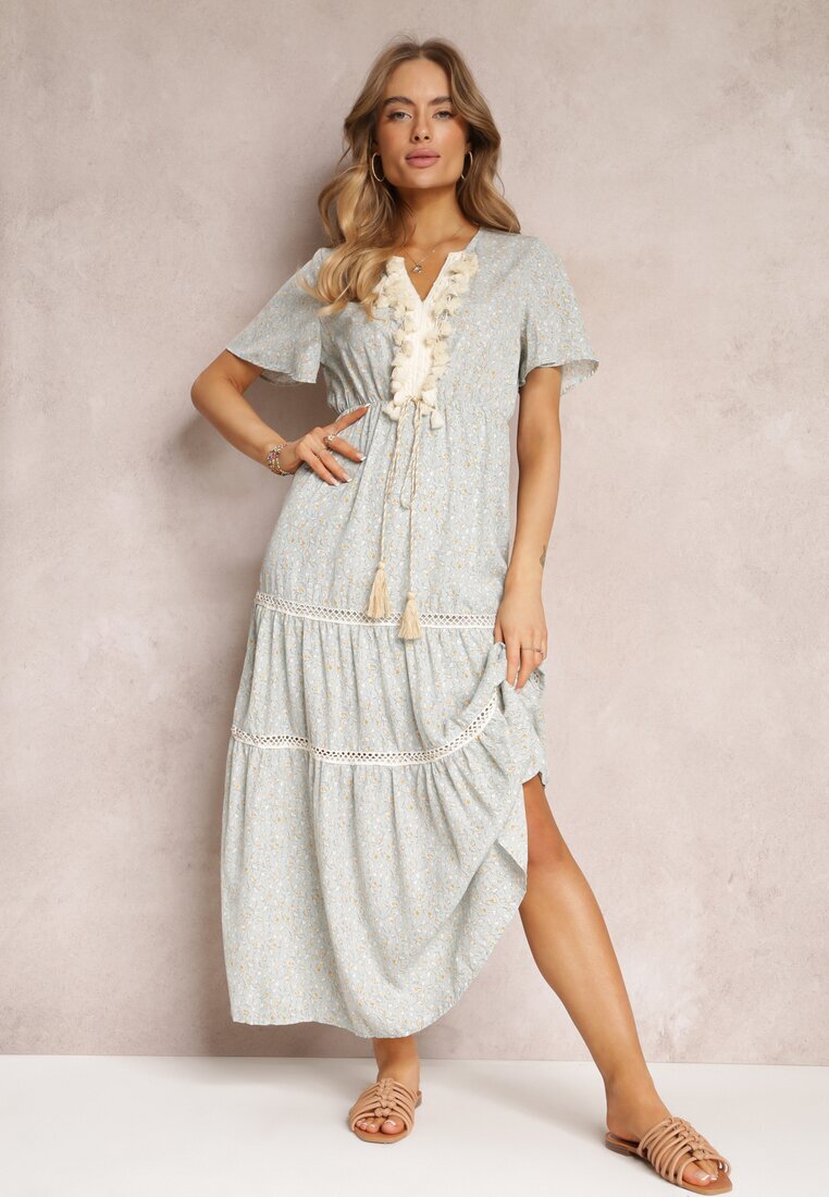 r&f fashion Rochie Albastru deschis Boho cu ciucuri și decorațiuni ajurate Poniti
