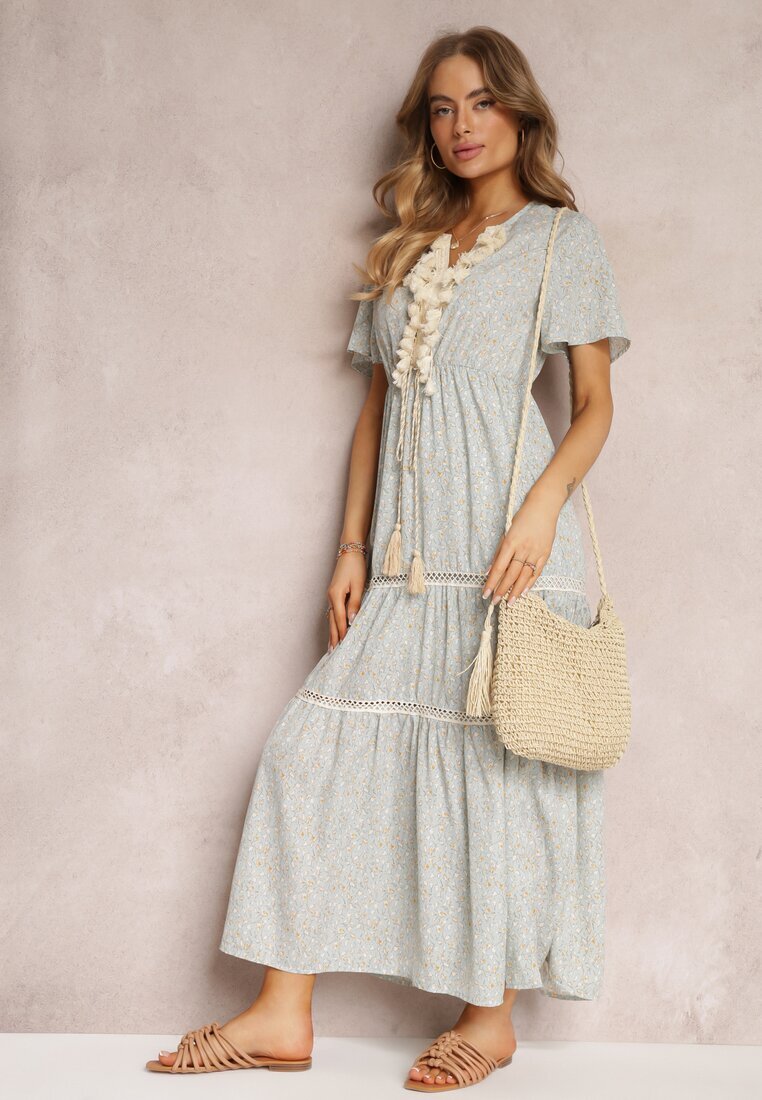 r&f fashion Rochie Albastru deschis Boho cu ciucuri și decorațiuni ajurate Poniti