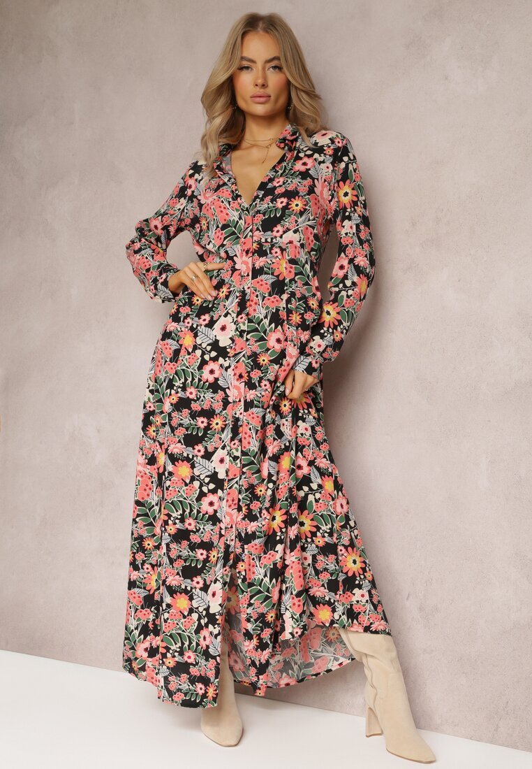 r&f fashion Rochie-cămașă Maxi Negru-Roșie cu mâneci suflecate cu imprimeu floral
