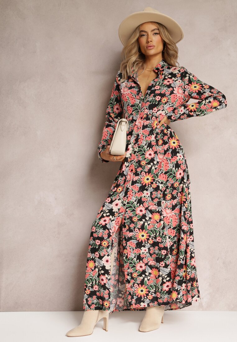 r&f fashion Rochie-cămașă Maxi Negru-Roșie cu mâneci suflecate cu imprimeu floral