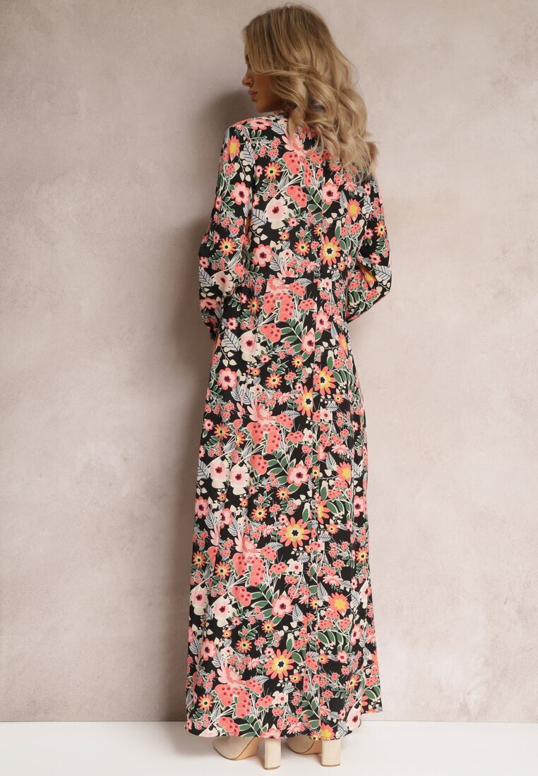 r&f fashion Rochie-cămașă Maxi Negru-Roșie cu mâneci suflecate cu imprimeu floral