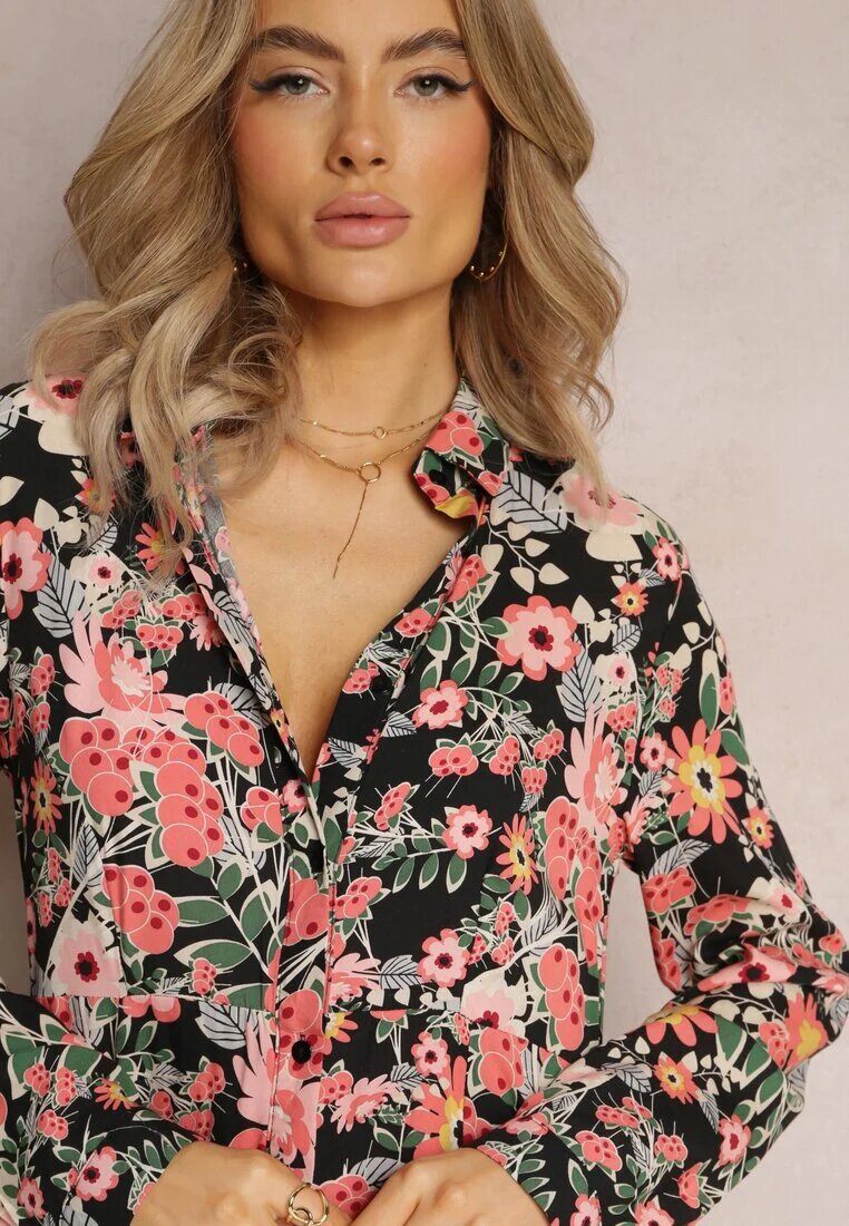 r&f fashion Rochie-cămașă Maxi Negru-Roșie cu mâneci suflecate cu imprimeu floral