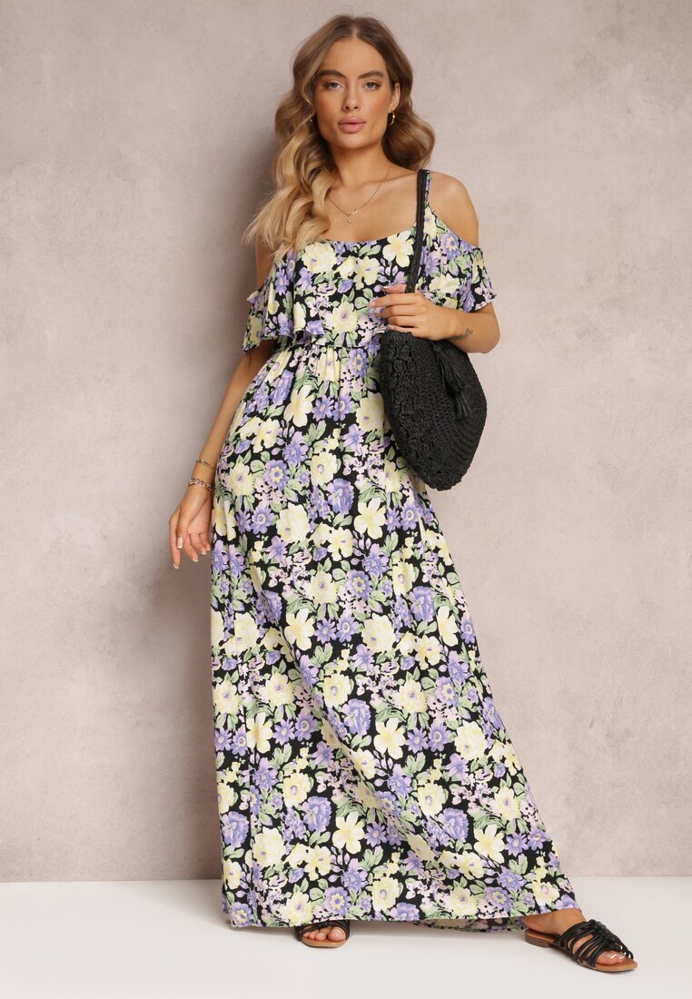 r&f fashion Rochie Maxi Violet-Galbenă din bumbac cu flori și volan Saranna