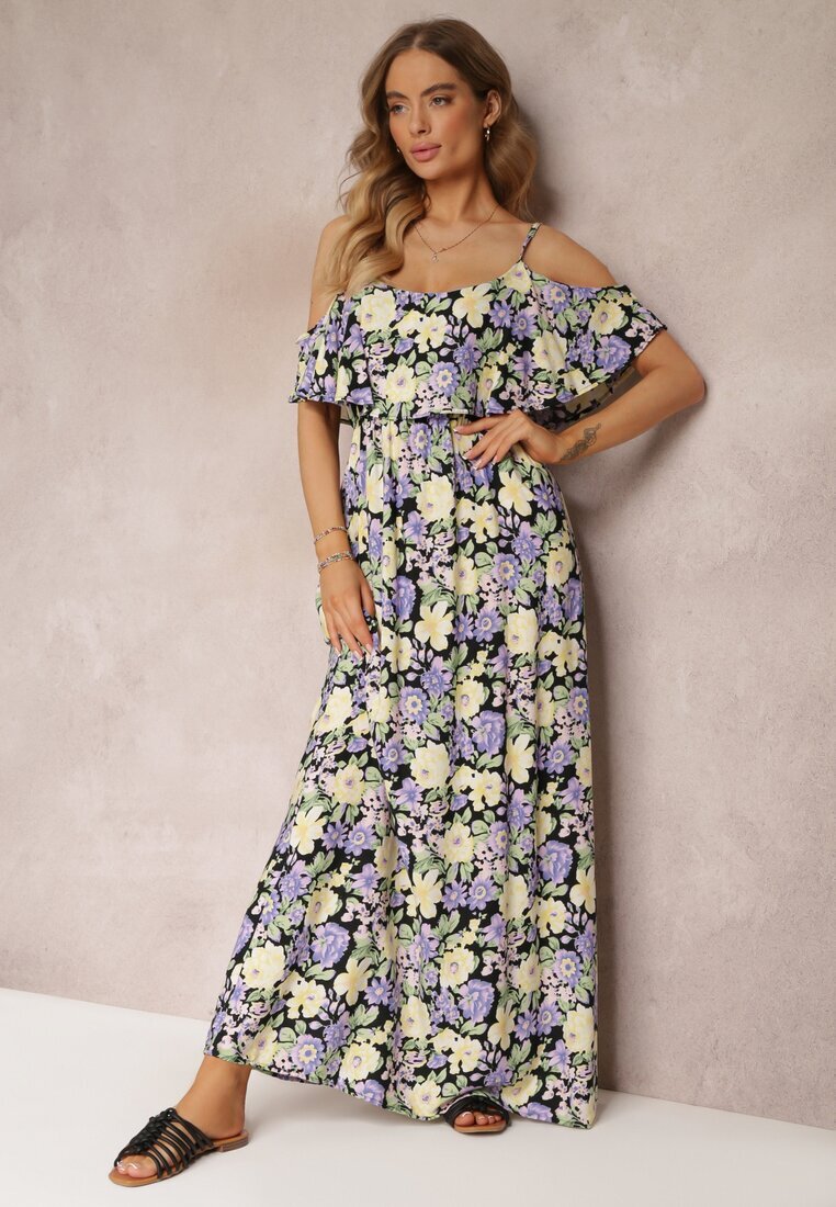 r&f fashion Rochie Maxi Violet-Galbenă din bumbac cu flori și volan Saranna