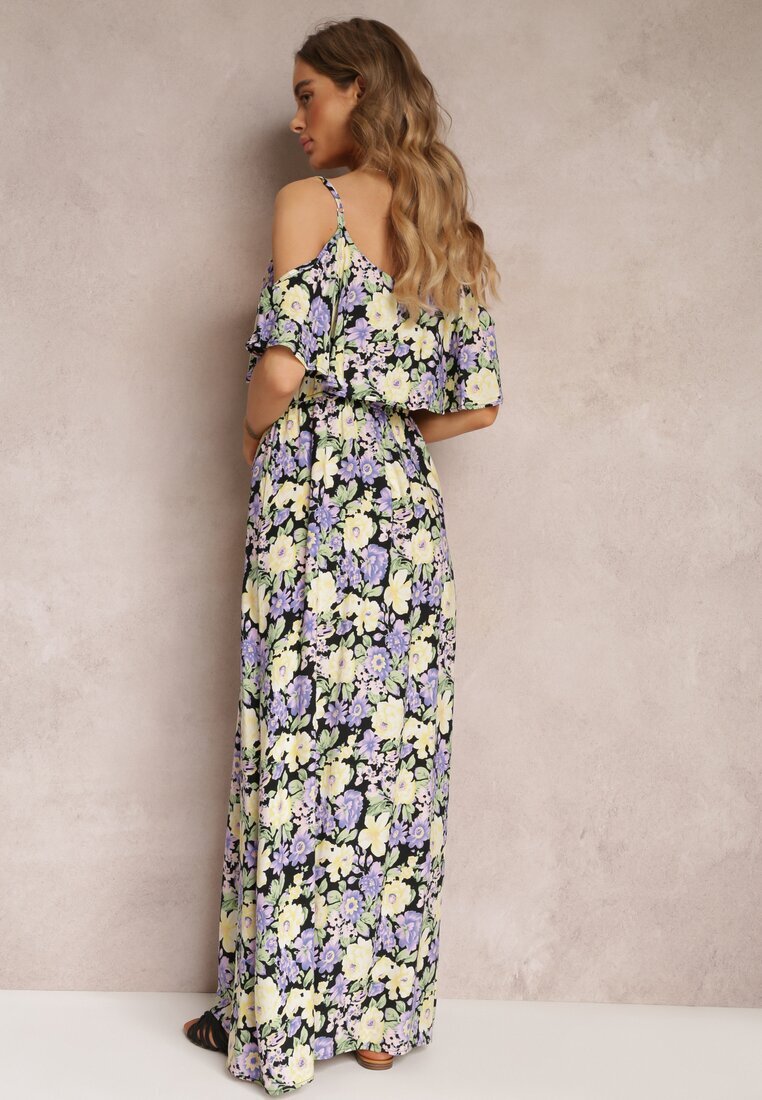 r&f fashion Rochie Maxi Violet-Galbenă din bumbac cu flori și volan Saranna