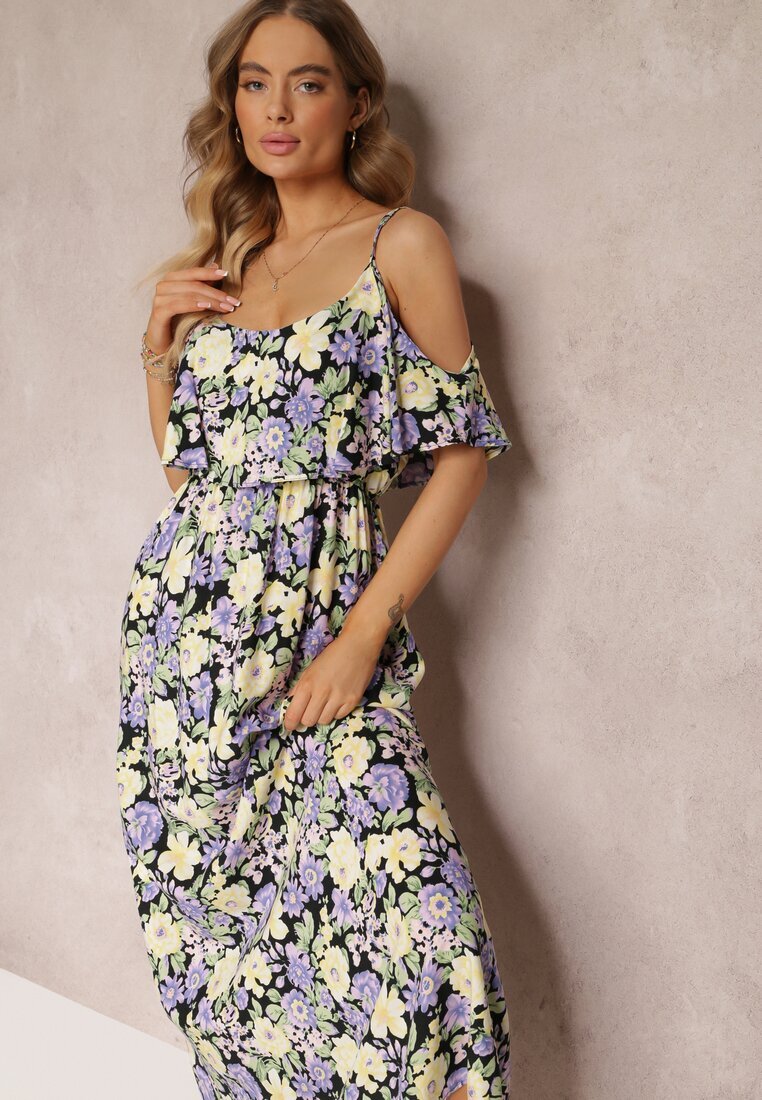 r&f fashion Rochie Maxi Violet-Galbenă din bumbac cu flori și volan Saranna