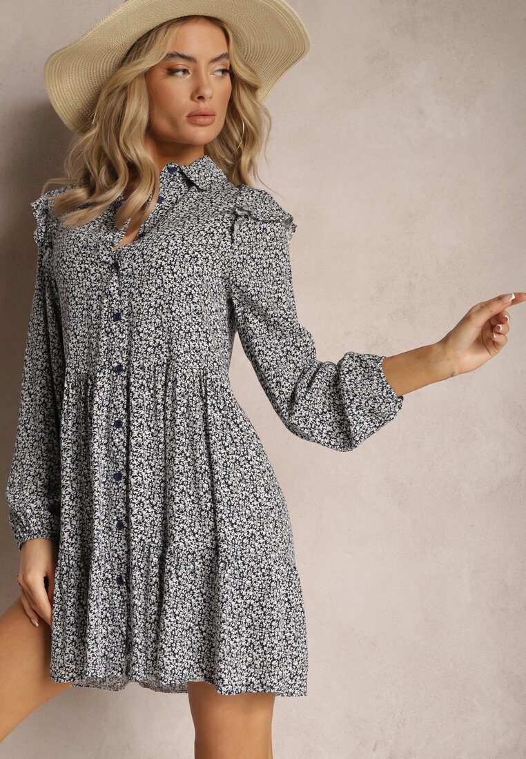 r&f fashion Rochie mini bleumarin-albă cu croială evazată florală cu volane Limrena