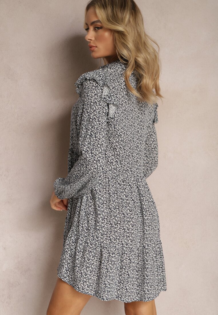 r&f fashion Rochie mini bleumarin-albă cu croială evazată florală cu volane Limrena