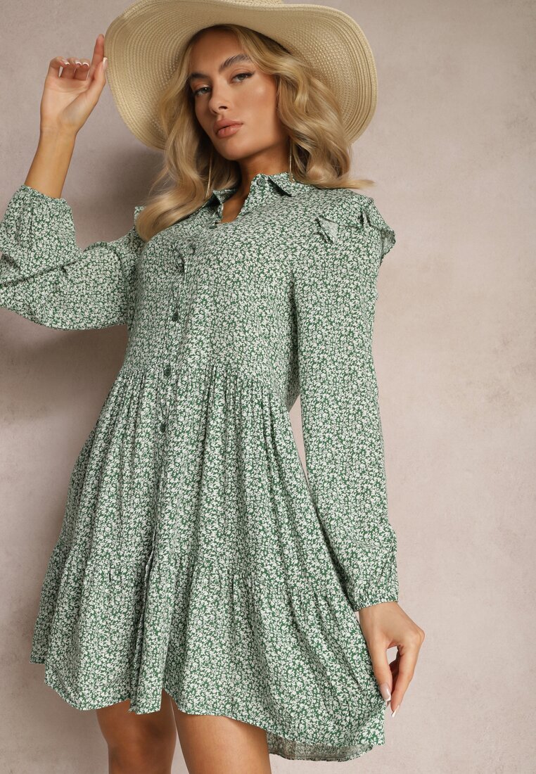 r&f fashion Rochie Mini Verde cu croi evazat cu imprimeu floral cu volane Limrena