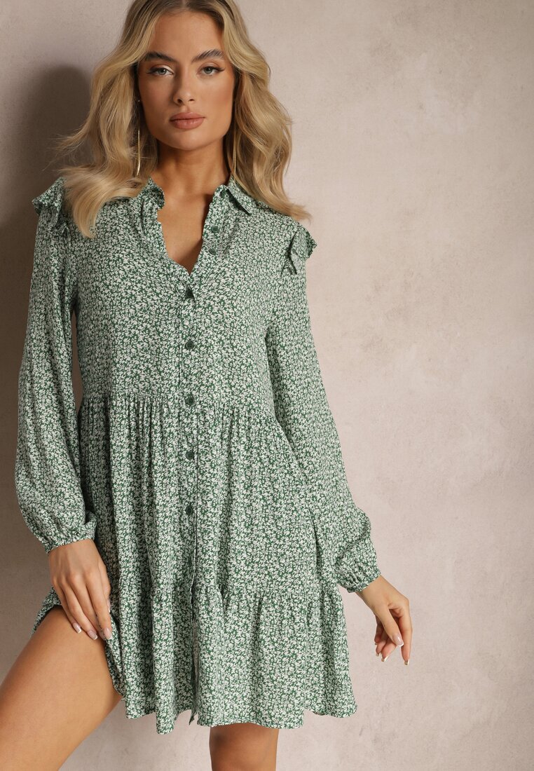 r&f fashion Rochie Mini Verde cu croi evazat cu imprimeu floral cu volane Limrena