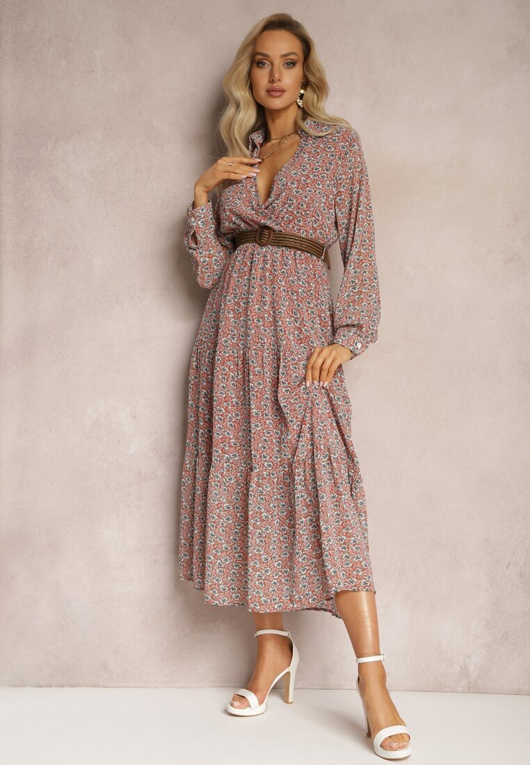 r&f fashion Rochie Roz Evazată cu Flori cu Curea Rakhila