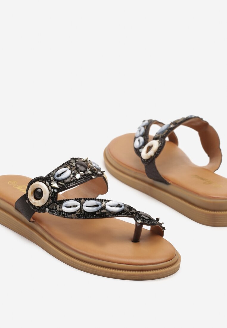 renda Papuci Negre decorate cu zirconii și aplicații cu scoici Reionelle