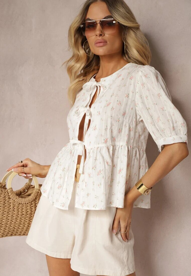 retro & icone Bluză Bej din Bumbac cu Mânecă Scurtă și Legături Decorative în Față Rinsara