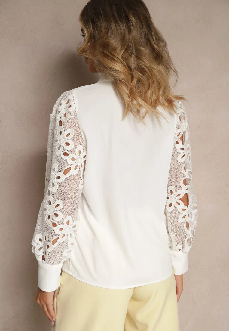 retro & icone Cămașă Albă cu Mâneci Elegante Împodobite cu Dantelă Ajourată Urecca