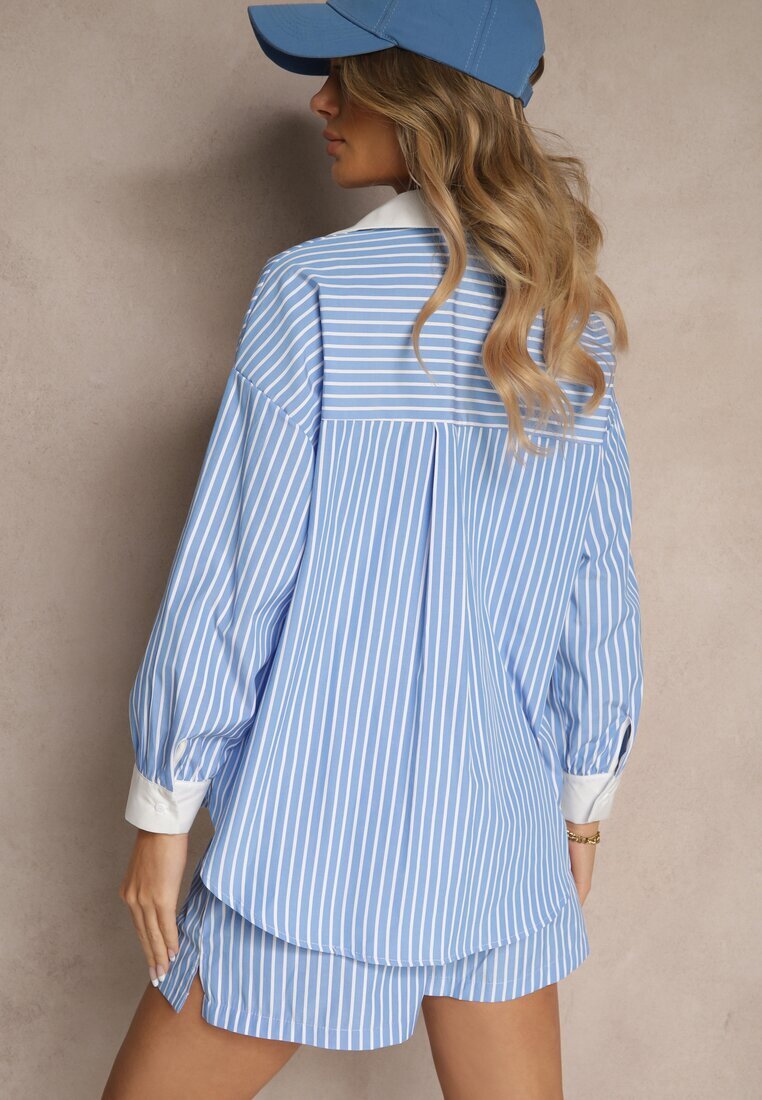 retro & icone Cămașă Albastră Striată cu Croi Oversize cu Inserții Contrastante Onelira