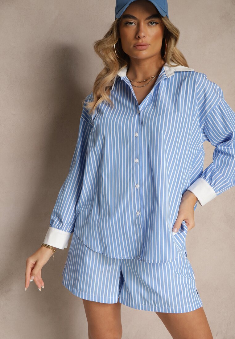 retro & icone Cămașă Albastră Striată cu Croi Oversize cu Inserții Contrastante Onelira