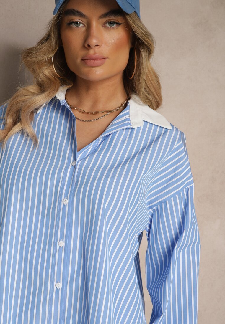 retro & icone Cămașă Albastră Striată cu Croi Oversize cu Inserții Contrastante Onelira