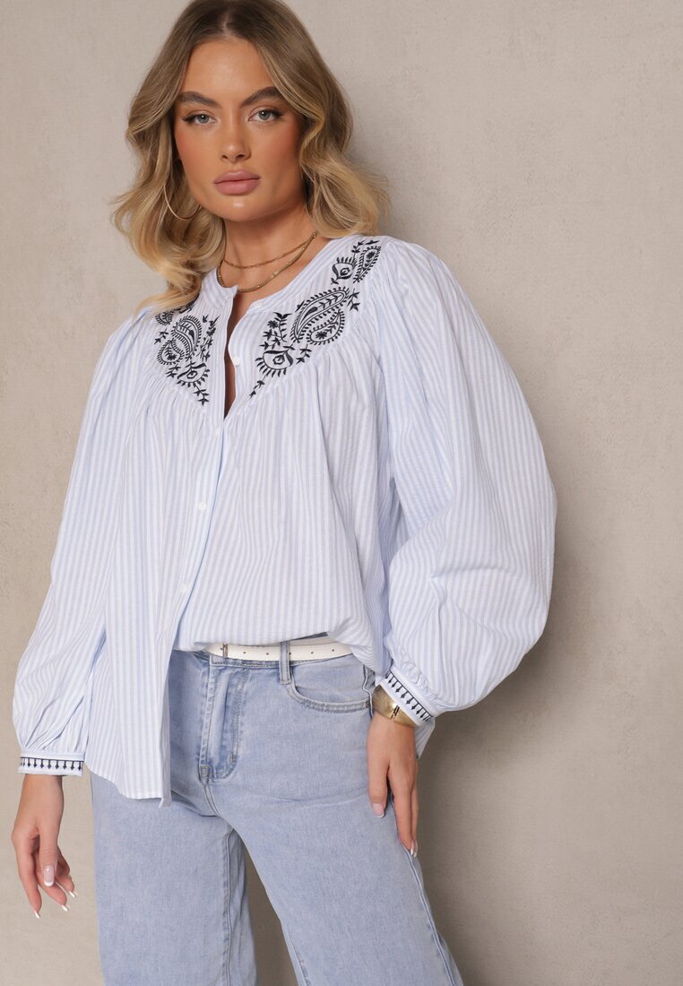 retro & icone Cămașă Albastru deschis din bumbac cu broderie Norretis