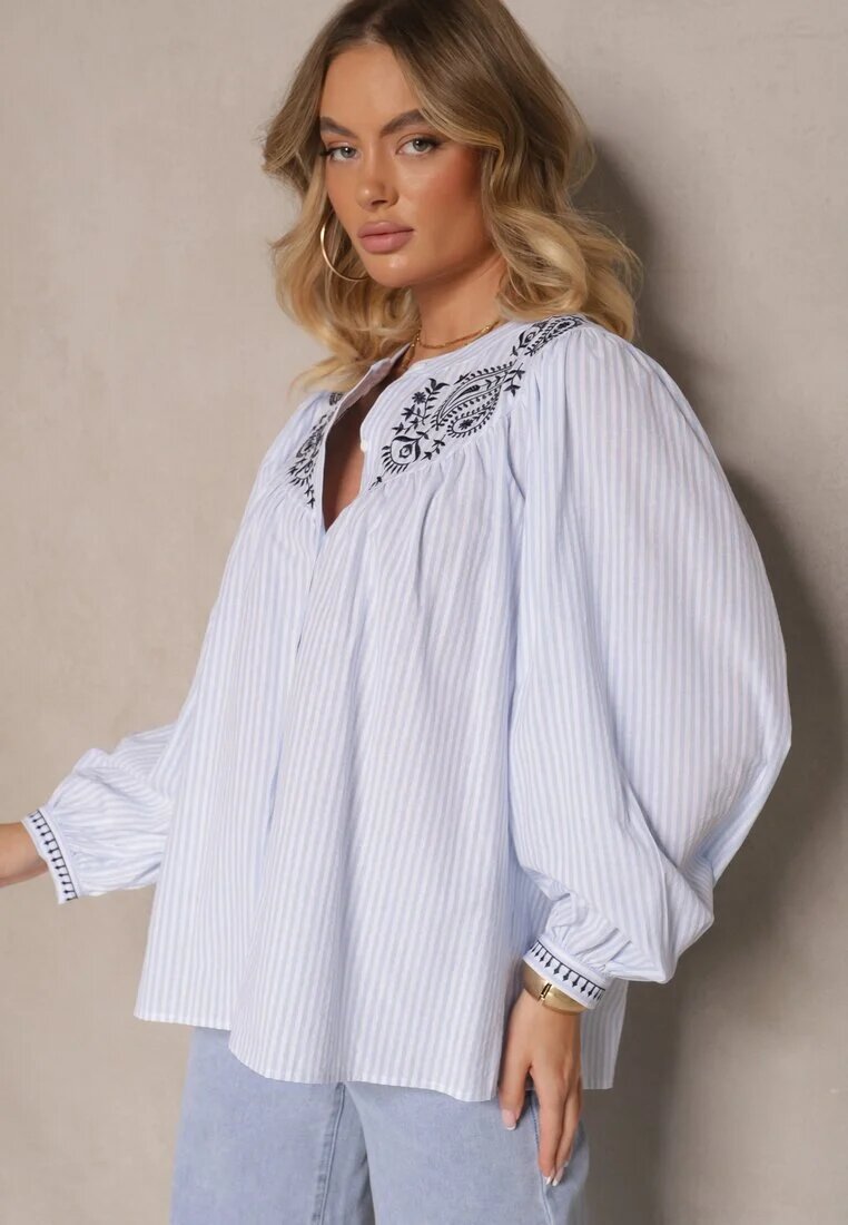 retro & icone Cămașă Albastru deschis din bumbac cu broderie Norretis
