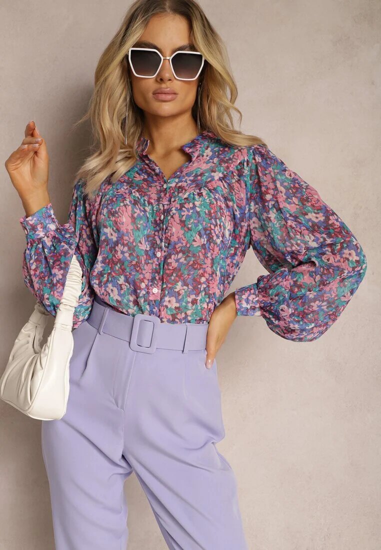 retro & icone Cămașă Albastru-Mov cu Imprimeu Floral din Țesătură Transparentă Omertala